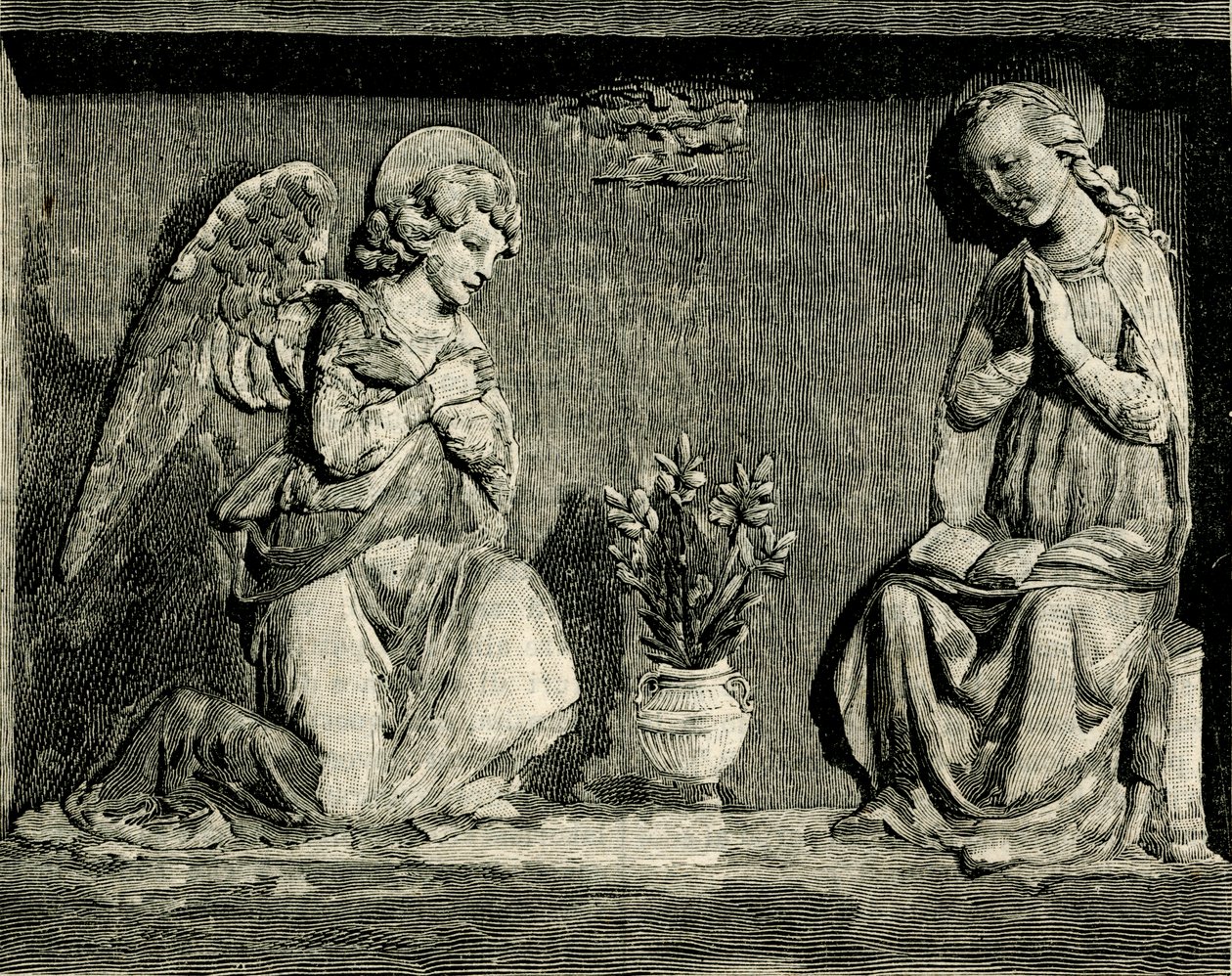 Zwiastowanie, Andrea Della Robbia (1435-1525 lub 1528), oratorium Madonna del Buon Consiglio, Prato, Toskania, Włochy, drzeworyt z Le cento citta d