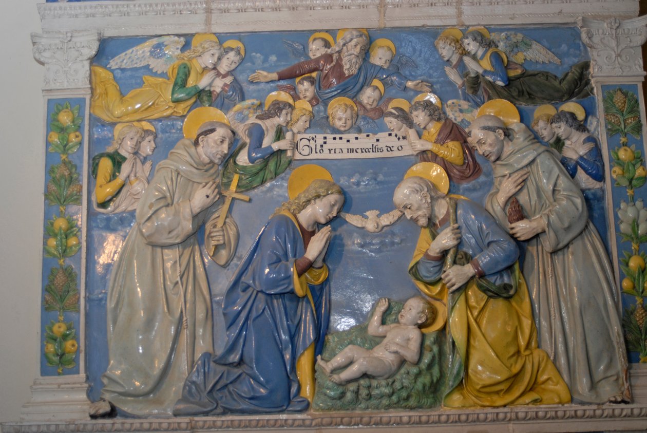 Szopka ze św. Franciszkiem i św. Antonim, glazurowana terakota Andrei Della Robbia, sanktuarium La Verna, Chiusi della Verna, Toskania, Włochy autorstwa Andrea Della Robbia