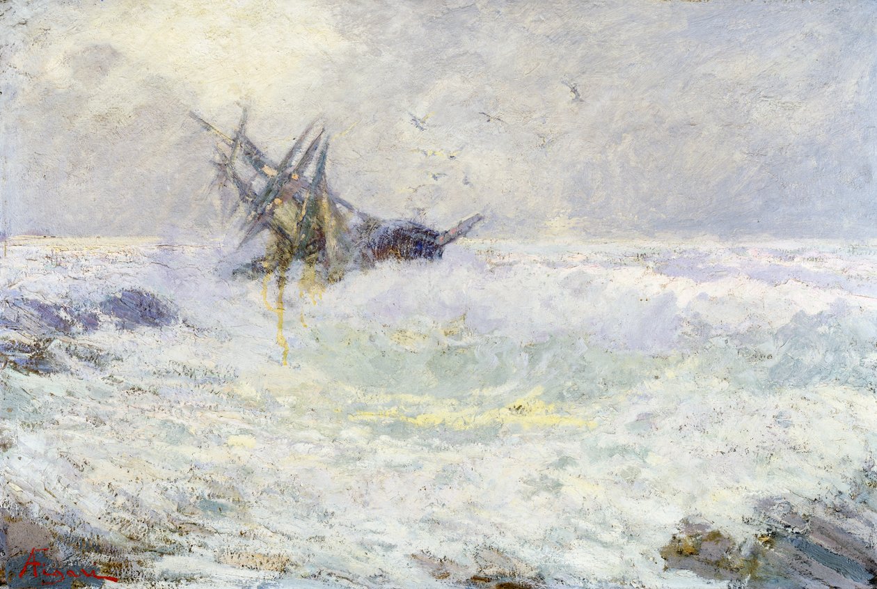 Burzowe morze lub Ostatni pocałunek, Andrea Figari (1858-1954), olej na tekturze, 72x105 cm. Włochy autorstwa Andrea Figari