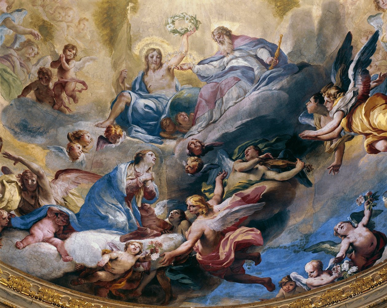 Koronacja Matki Boskiej, fresk namalowany w 1699 roku przez Andreę Lanzaniego (1641-1712) w chórze Sanktuarium Incoronata, Lodi. Włochy autorstwa Andrea Lanzani
