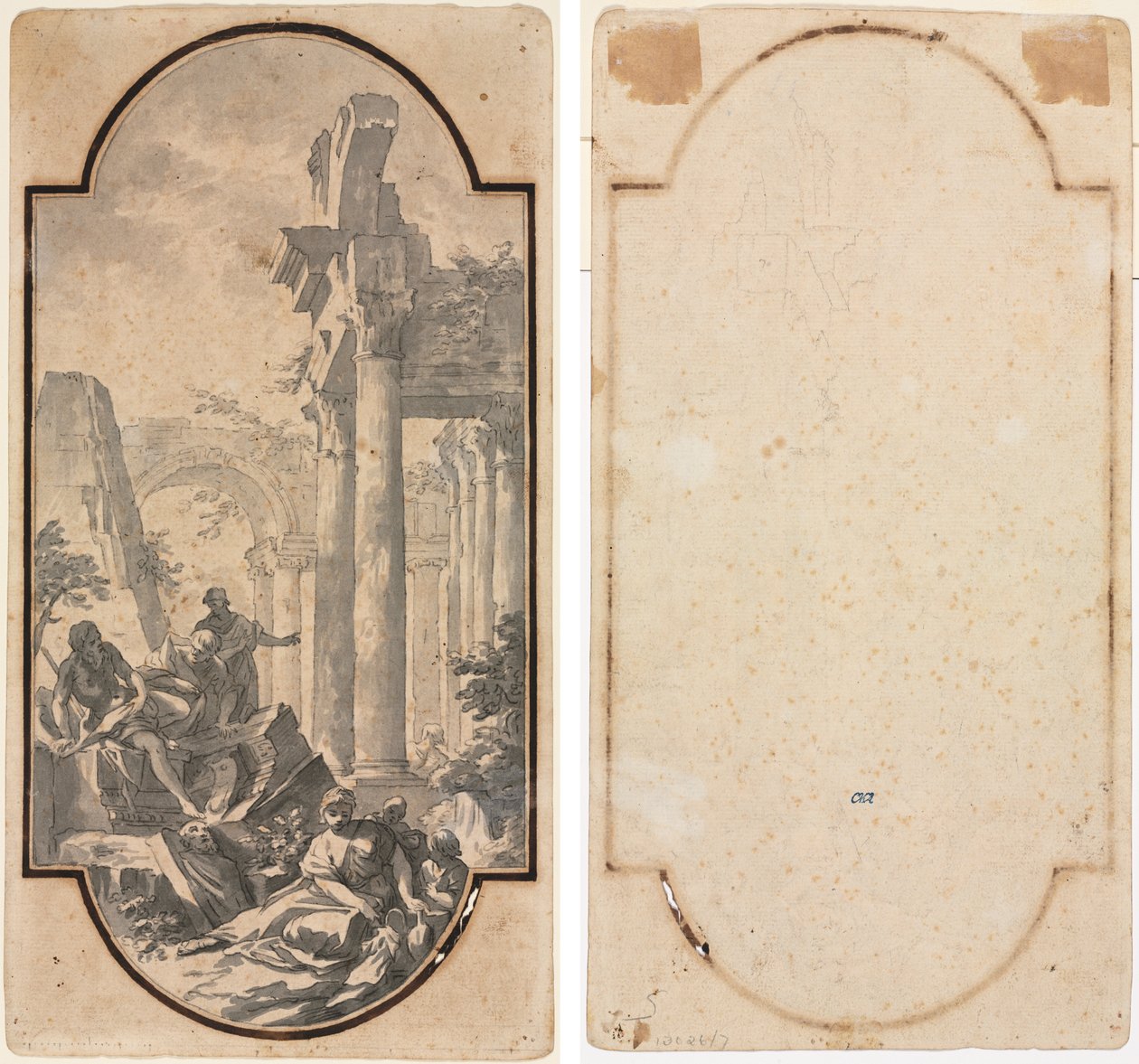 Figurki w pobliżu ruin świątyni korynckiej (recto); Fragment łuku (odrysowanie od recto) (verso) autorstwa Andrea Locatelli