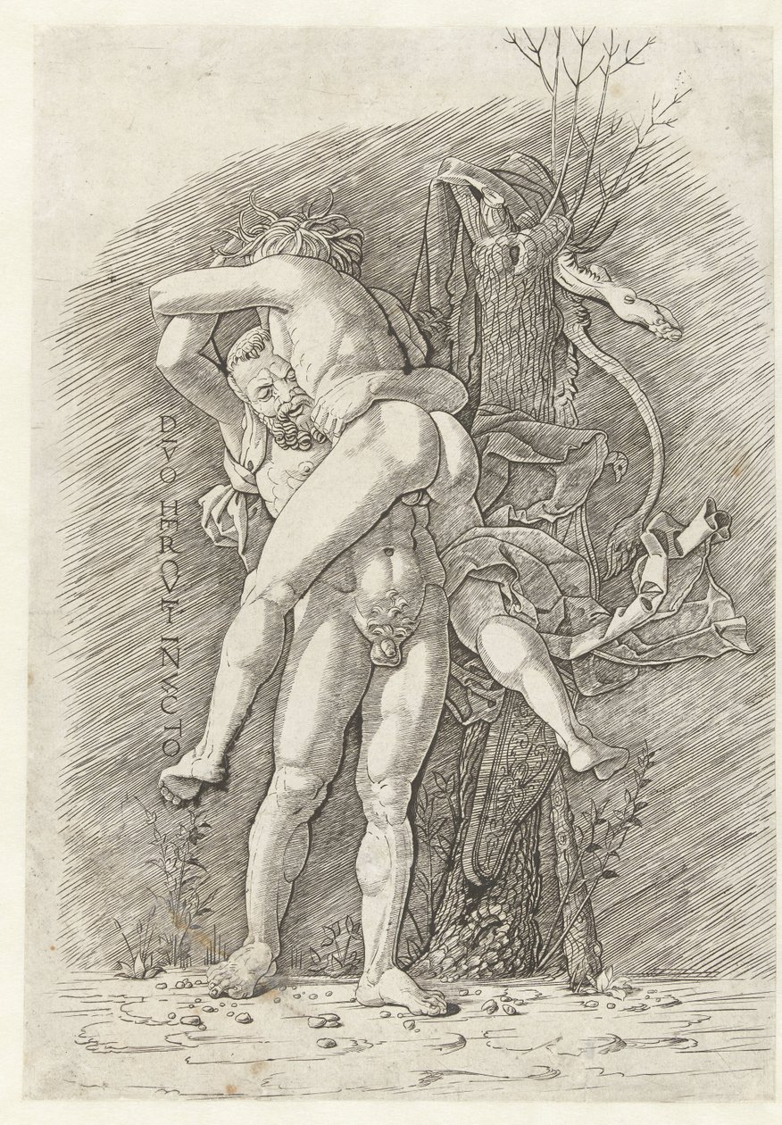 Herkules i Anteusz Niezwyciężony bóg Herkules (tytuł na obiekcie) autorstwa Andrea Mantegna (school of)