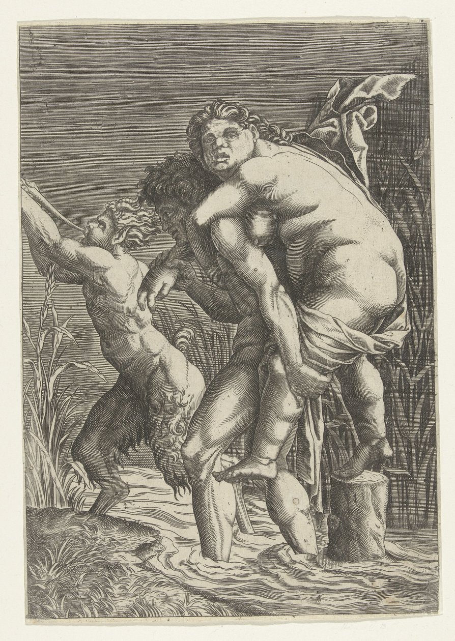 Mężczyzna nosi na plecach kobietę i satyrę autorstwa Andrea Mantegna (school of)