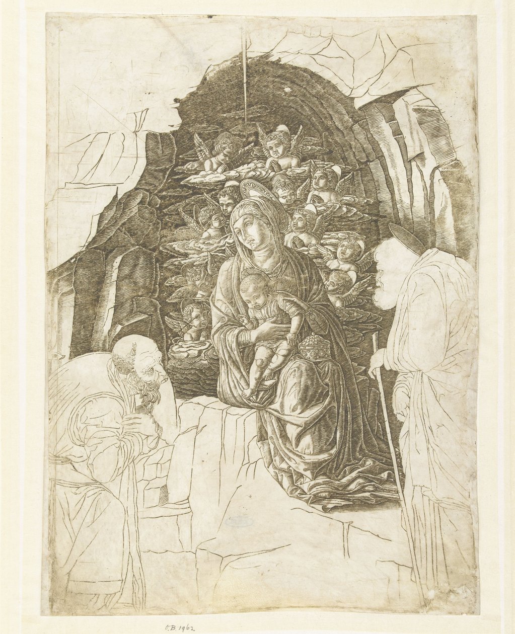 Maryja z Dzieciątkiem otoczona aniołami w jaskini z Józefem i królem w adoracji autorstwa Andrea Mantegna (school of)