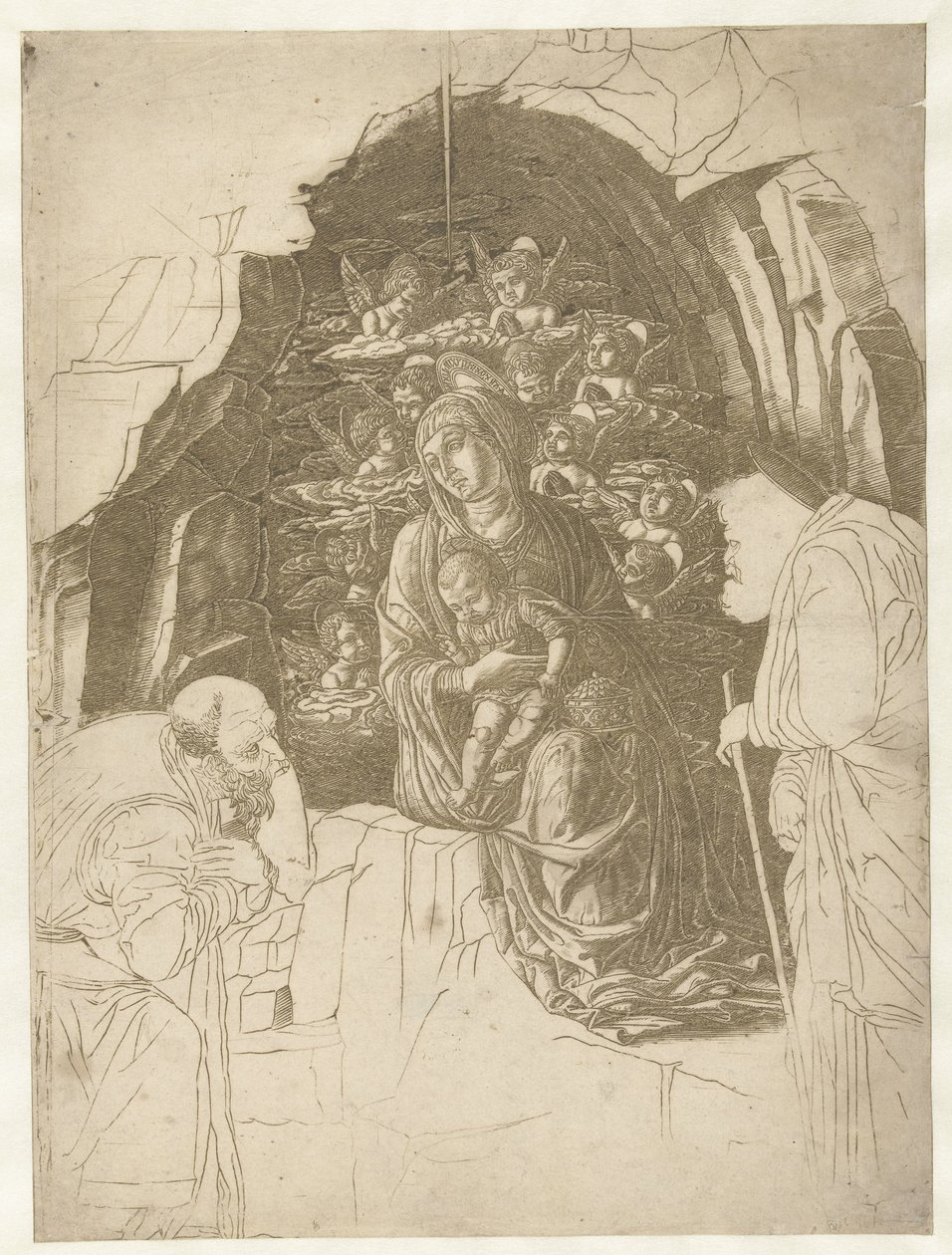 Maryja z Dzieciątkiem otoczona aniołami w jaskini z Józefem i królem w adoracji autorstwa Andrea Mantegna (school of)