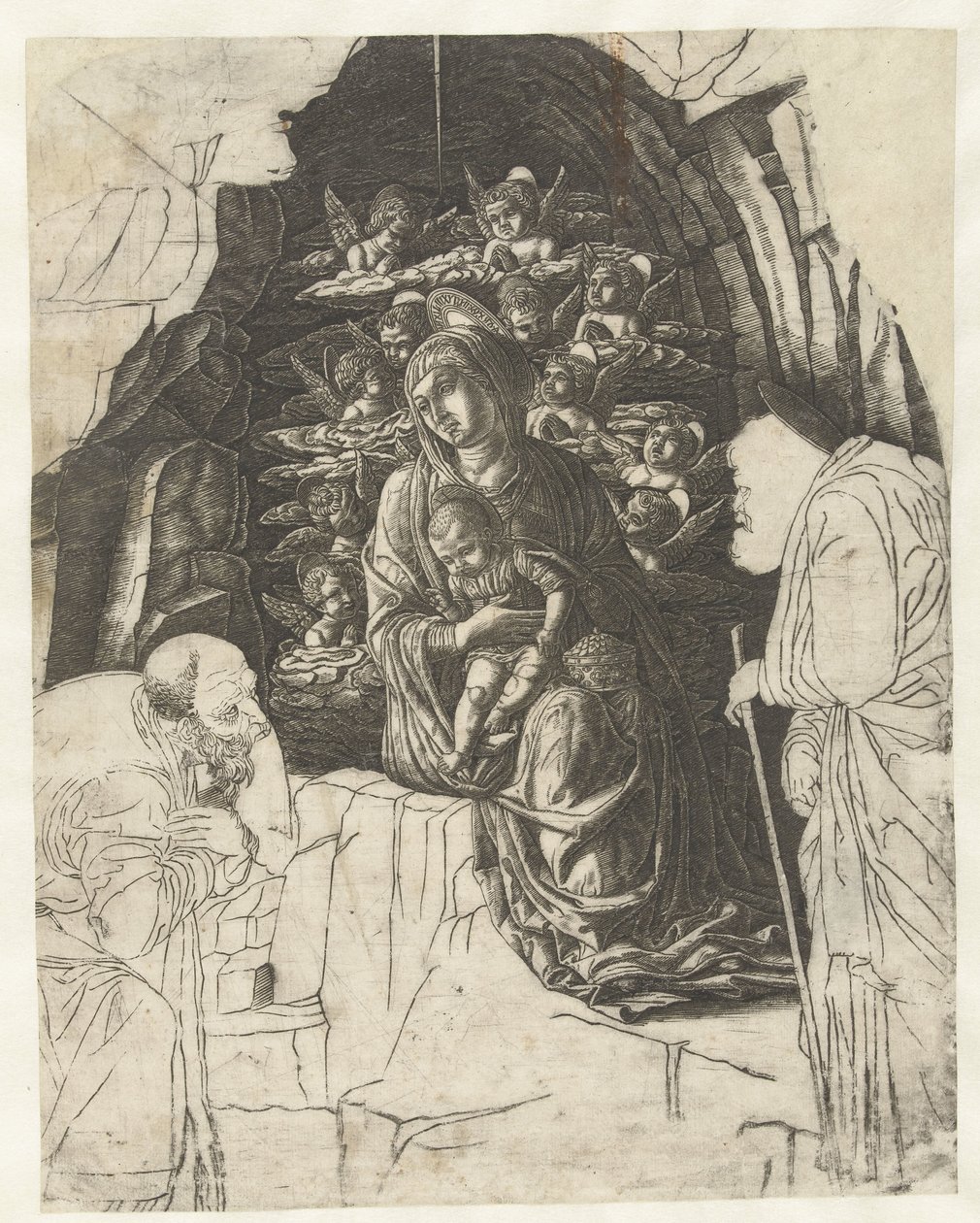 Maryja z Dzieciątkiem otoczona aniołami w jaskini z Józefem i królem w adoracji autorstwa Andrea Mantegna (school of)
