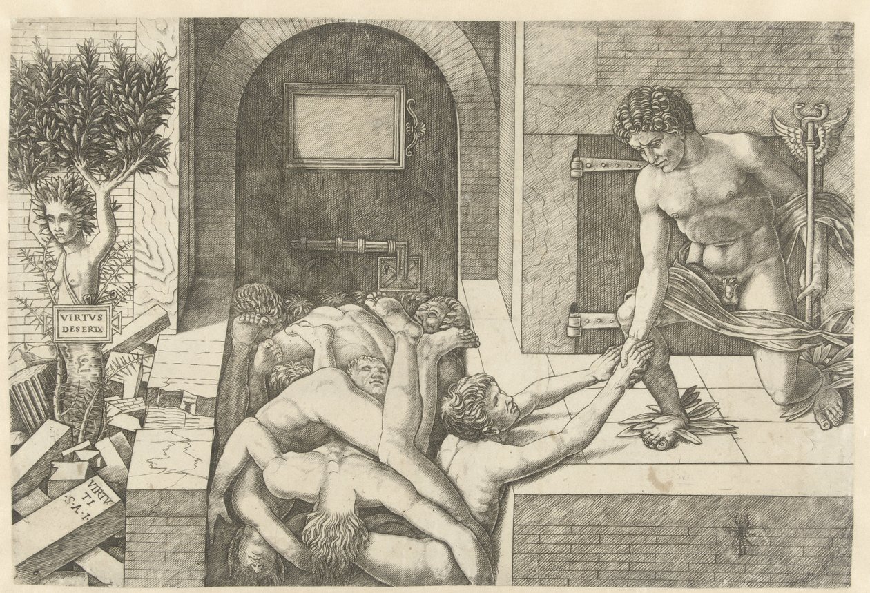 Merkury jako personifikacja Cnoty ratuje dusze w Limbo, a Daphne zamienia się w drzewo Virtus Deserta (tytuł na obiekcie) autorstwa Andrea Mantegna (school of)