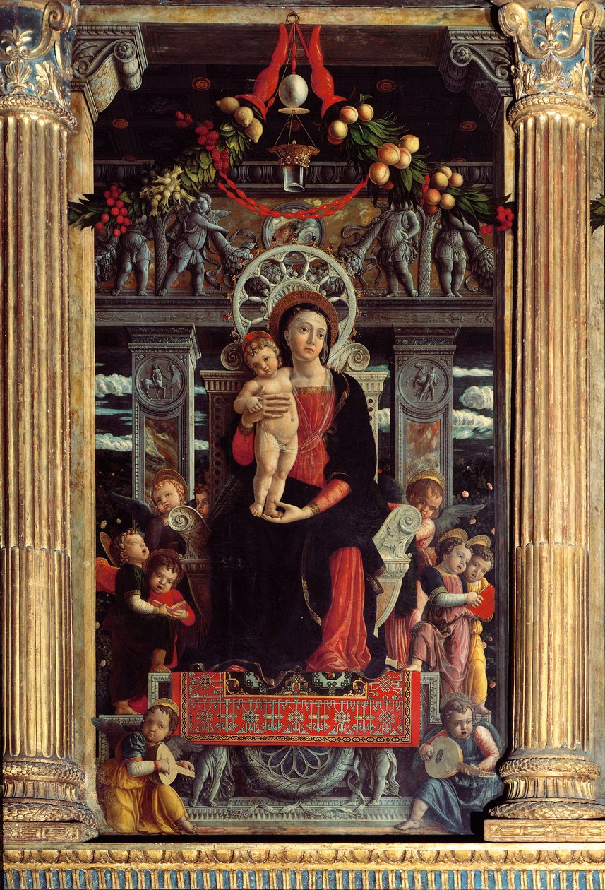 Ołtarz San Zeno: centralny panel „Madonna a Child with dziewięciu aniołów”” Obraz Andrea Mantegna (1431-1506) 1457-1459 Verone, Basilica di San Zeno, Włochy autorstwa Andrea Mantegna