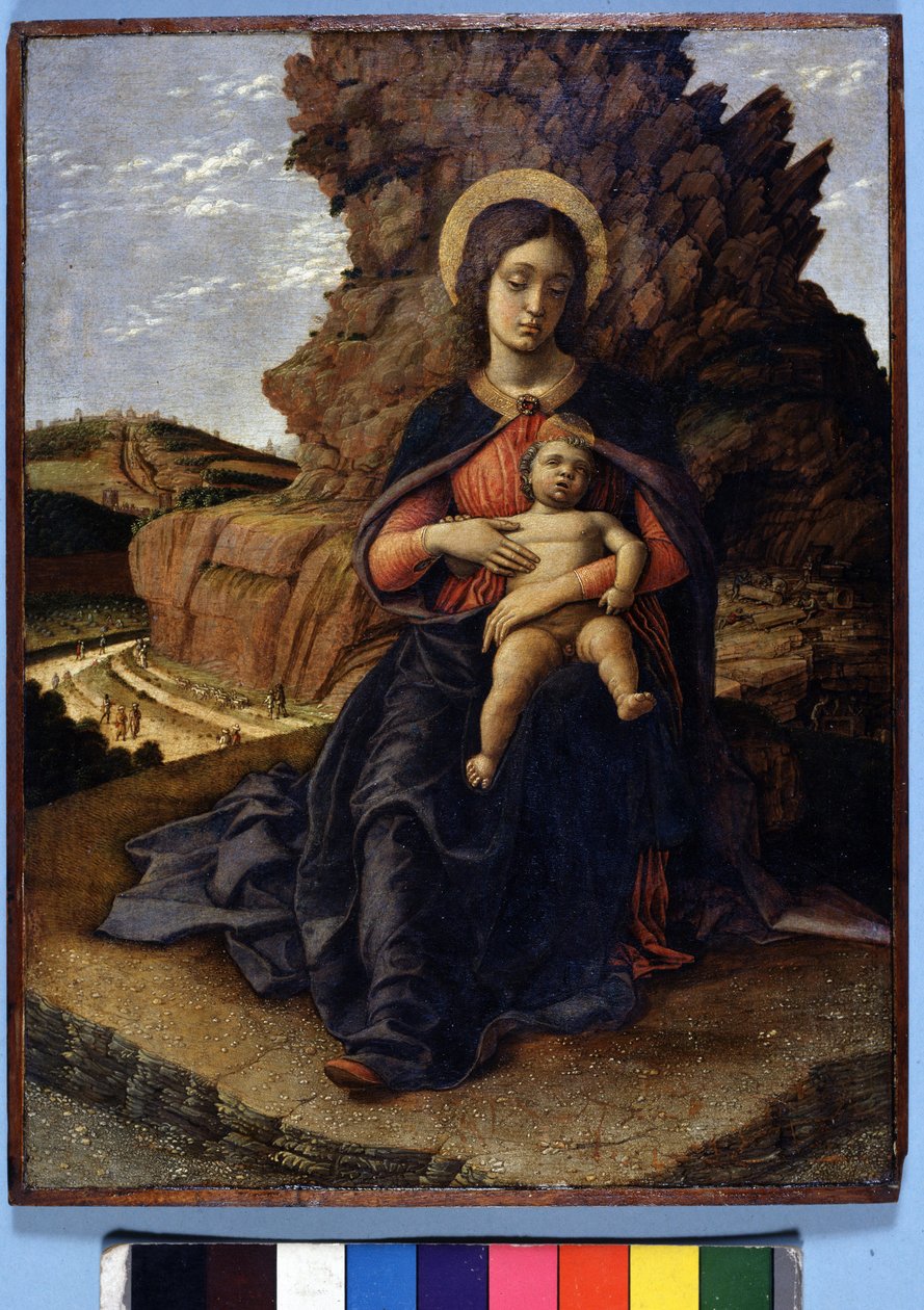 Andrea Mantegna, „Dziewica kamieniołomów”: Dziewica z Dzieciątkiem, a w tle kamieniołomy z robotnikami przy pracy, Galeria Uffizi, Florencja autorstwa Andrea Mantegna