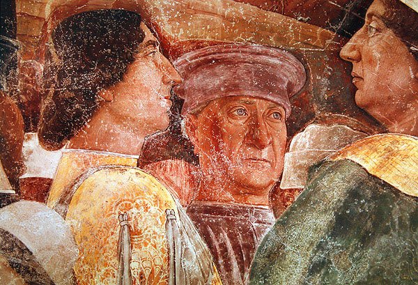 Przybycie kardynała Francesco Gonzagi, fragment Mantegny i dworzan po prawej stronie, ok. 1465-74 (detal z 78454) autorstwa Andrea Mantegna