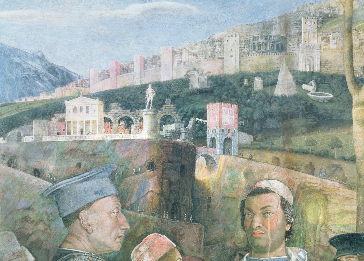 Przybycie kardynała Francesco Gonzagi; detal tła przedstawiający wyidealizowany widok Rzymu, z Camera degli Sposi lub Camera Picta, 1465-74, fresk, detal 78449 autorstwa Andrea Mantegna