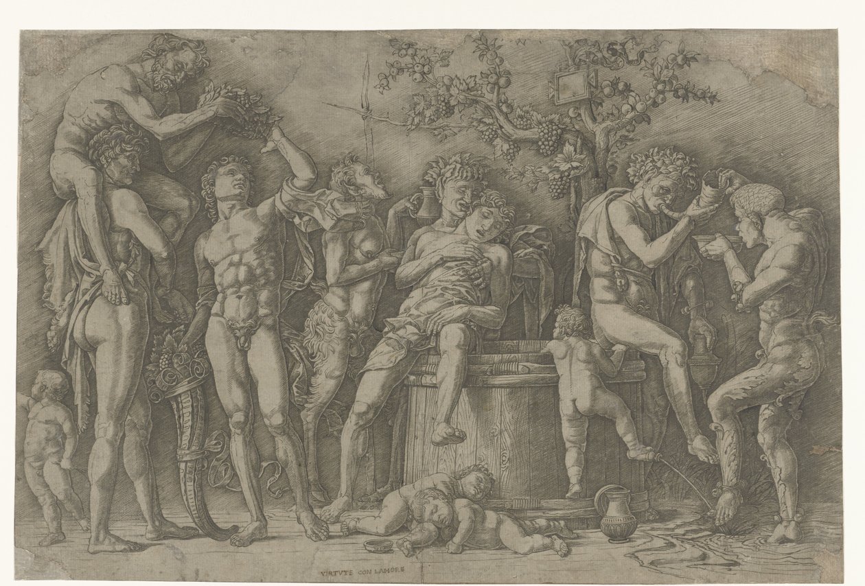 Bachanalia z satyrami i bachantkami w winiarni autorstwa Andrea Mantegna
