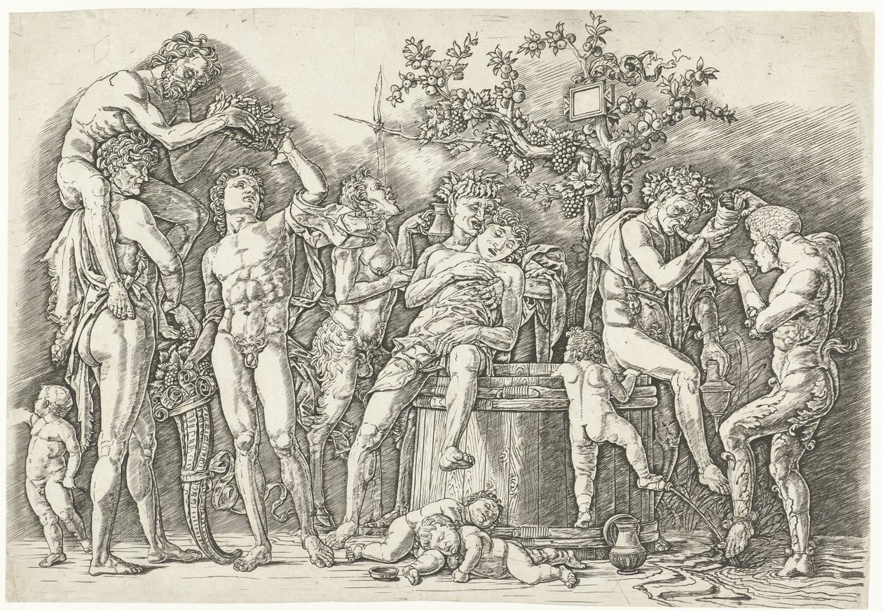 Bachanalia z satyrami i bachantkami w winiarni autorstwa Andrea Mantegna
