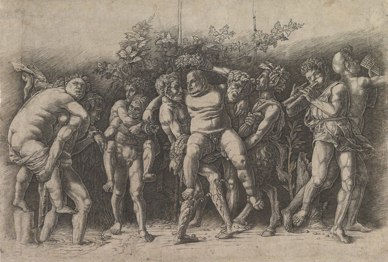 Bacchanal z Silenusem, kompozycja fryzowa z dziesięcioma postaciami wokół Silenusa, który jest..., początek lat 70. XIV wieku. autorstwa Andrea Mantegna