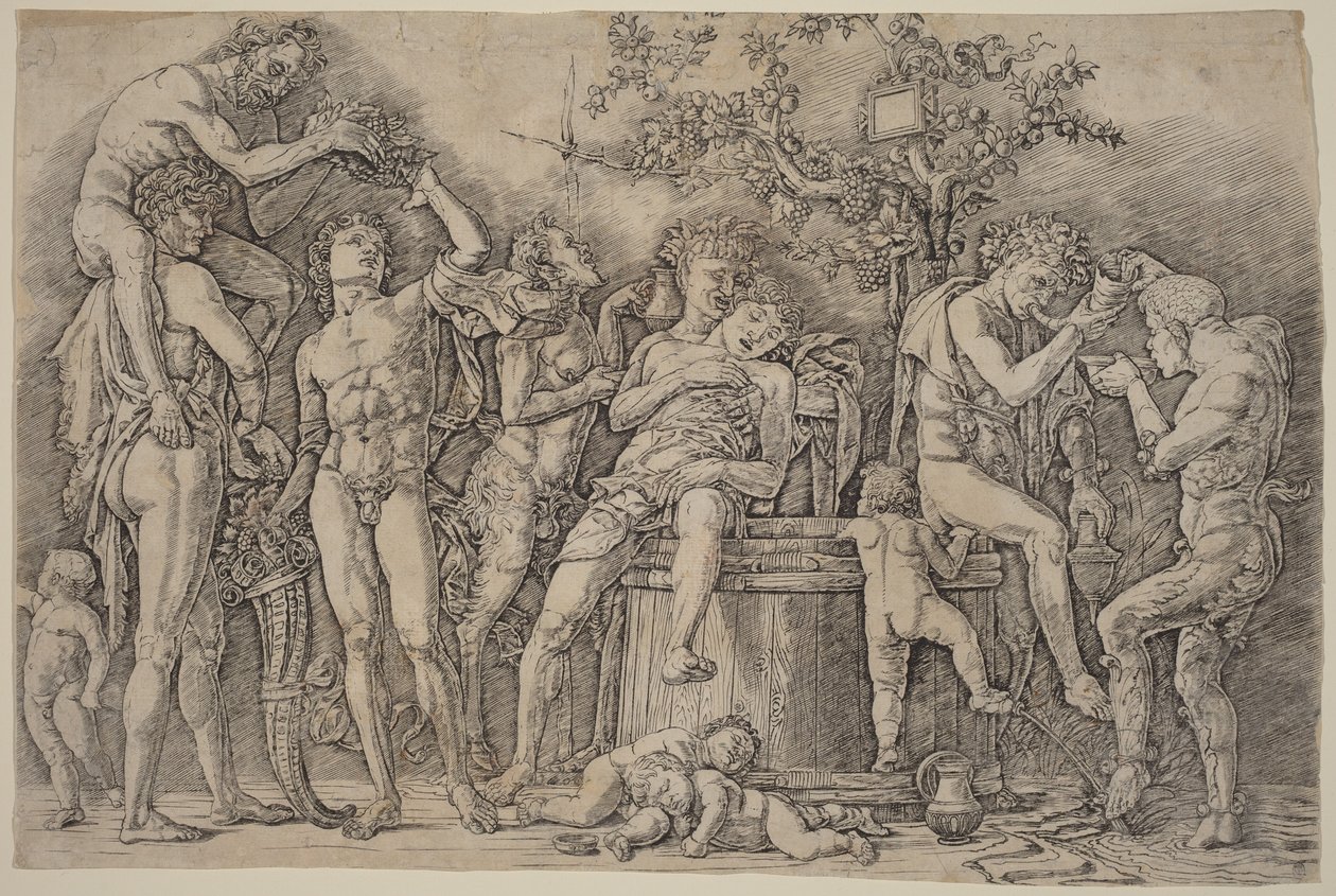 Bachanalia z kadzią na wino autorstwa Andrea Mantegna