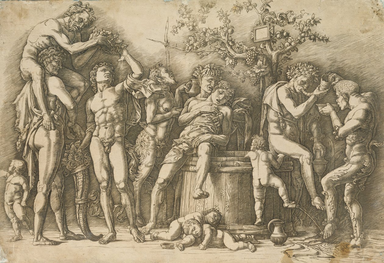 Bachanalia z kadzią na wino, ok.1470-90 (grawerowanie i sucha igła) autorstwa Andrea Mantegna