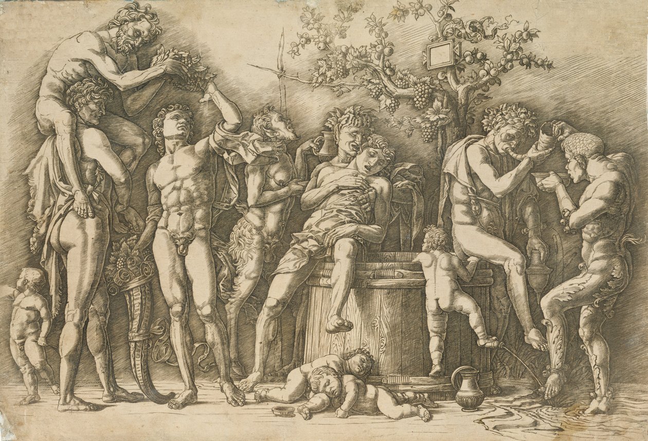 Bachanalia z kadzią na wino, ca. 1470-90. autorstwa Andrea Mantegna
