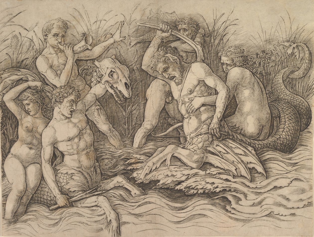 Bitwa Bogów Morskich Prawa część fryzu, ca. 1485-88. autorstwa Andrea Mantegna