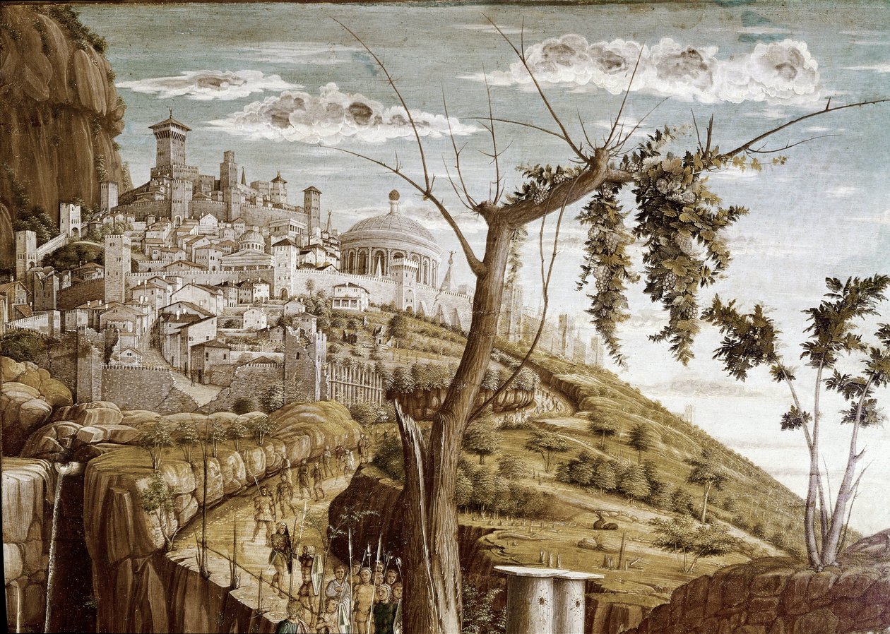 Chrystus modlący się w ogrodzie drzew oliwnych, lewa część predelle, Ołtarz San Zeno (tempera na drewnie, ok. 1457-1460) autorstwa Andrea Mantegna