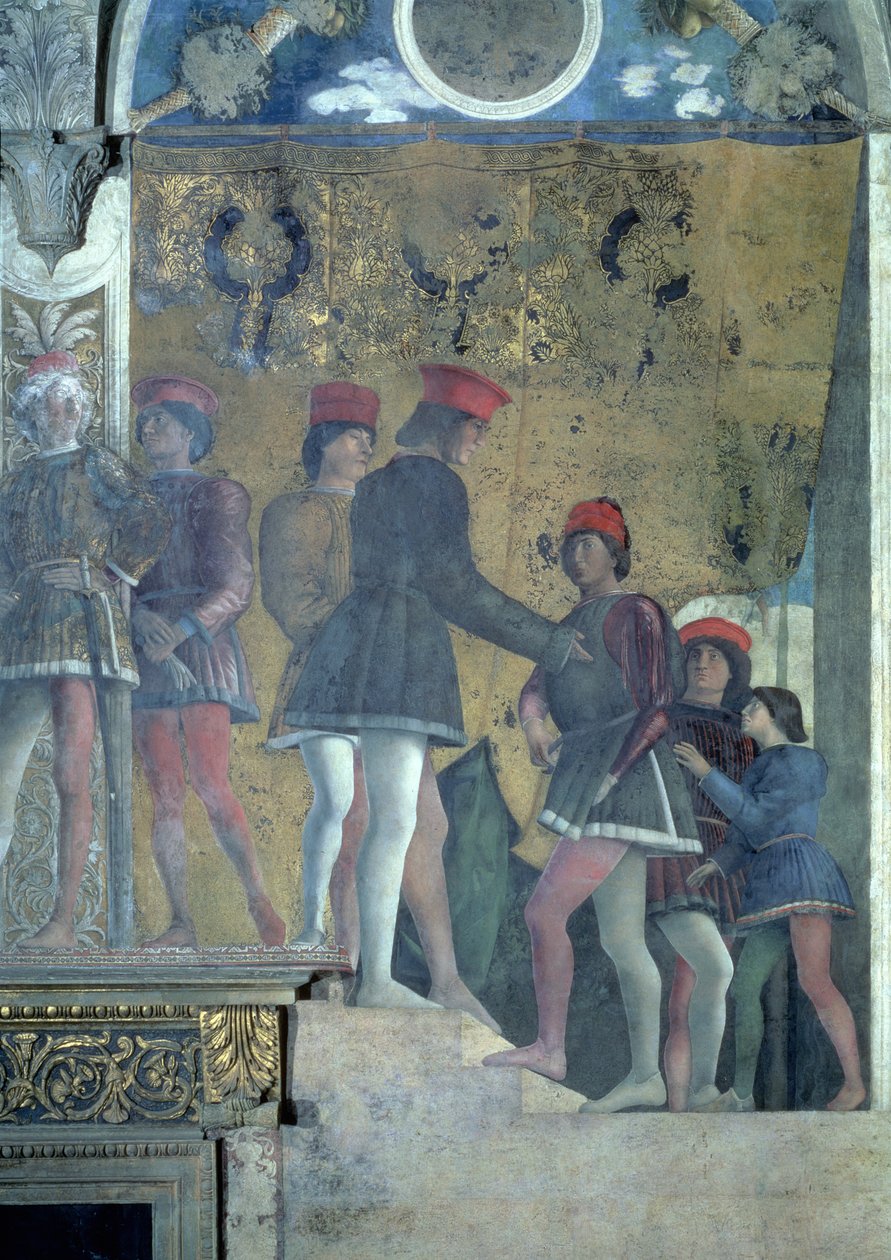 Dworzanie z dworu margrabiego Ludovico Gonzagi III z Mantui, z Camera degli Sposi lub Camera Picta, 1465-74 detal fresku z 78449 autorstwa Andrea Mantegna
