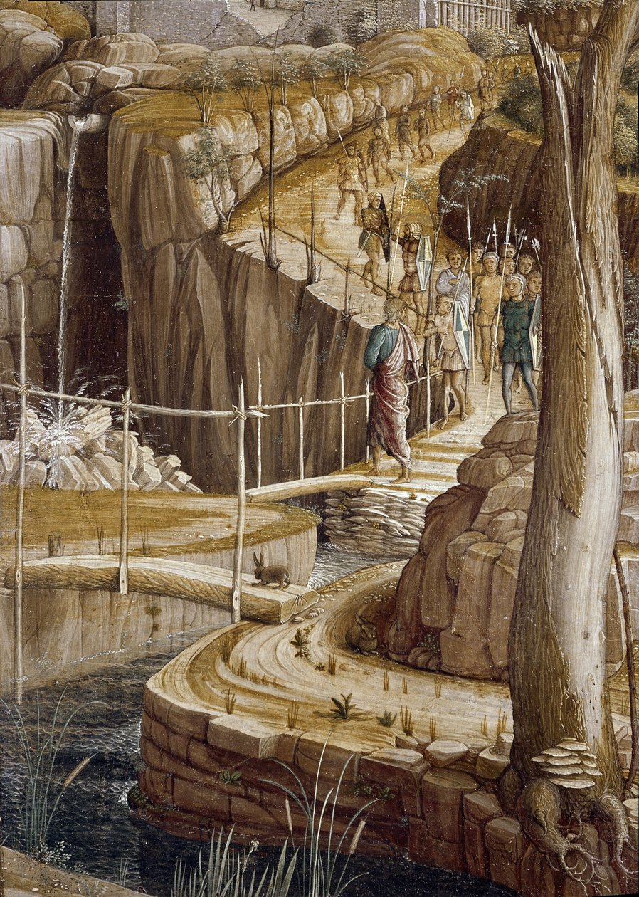 Fragment „Modlitwy w ogrodzie drzew oliwnych””, Judasz prowadzi żołnierzy do Jezusa – Agonia w Ogrodzie autorstwa Andrea Mantegna