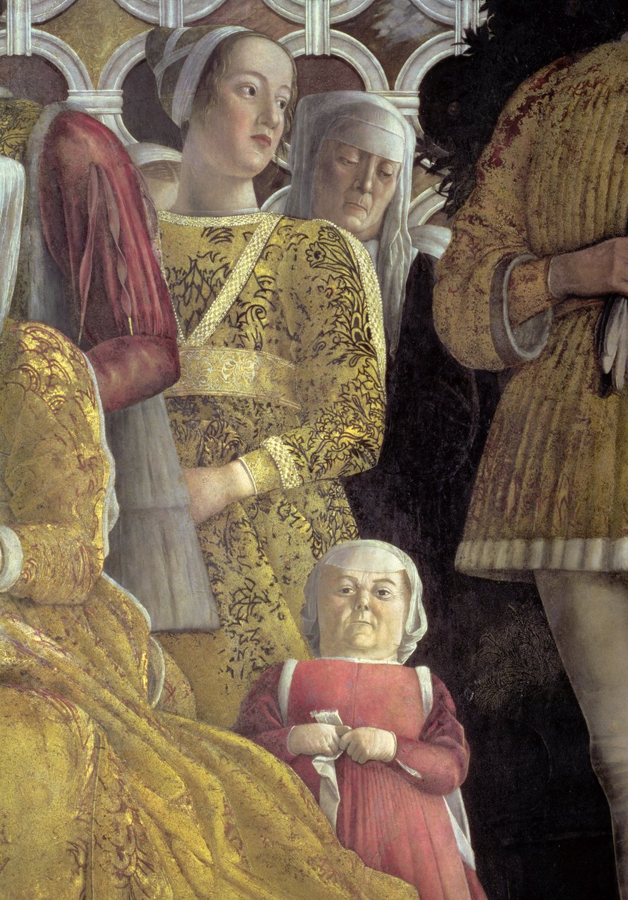 Krasnolud i inni dworzanie z portretu grupowego rodziny i dworu margrabiego Ludovico Gonzagi III z Mantui, z Camera degli Sposi lub Camera Picta, 1465-74, fragment fresku z 78449 autorstwa Andrea Mantegna