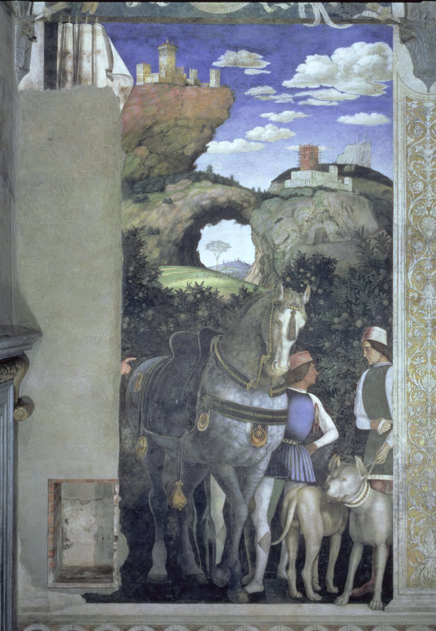 Koń i pan młody z psami myśliwskimi, z Camera degli Sposi lub Camera Picta, detal fresku z lat 1465-74 z 78449 autorstwa Andrea Mantegna