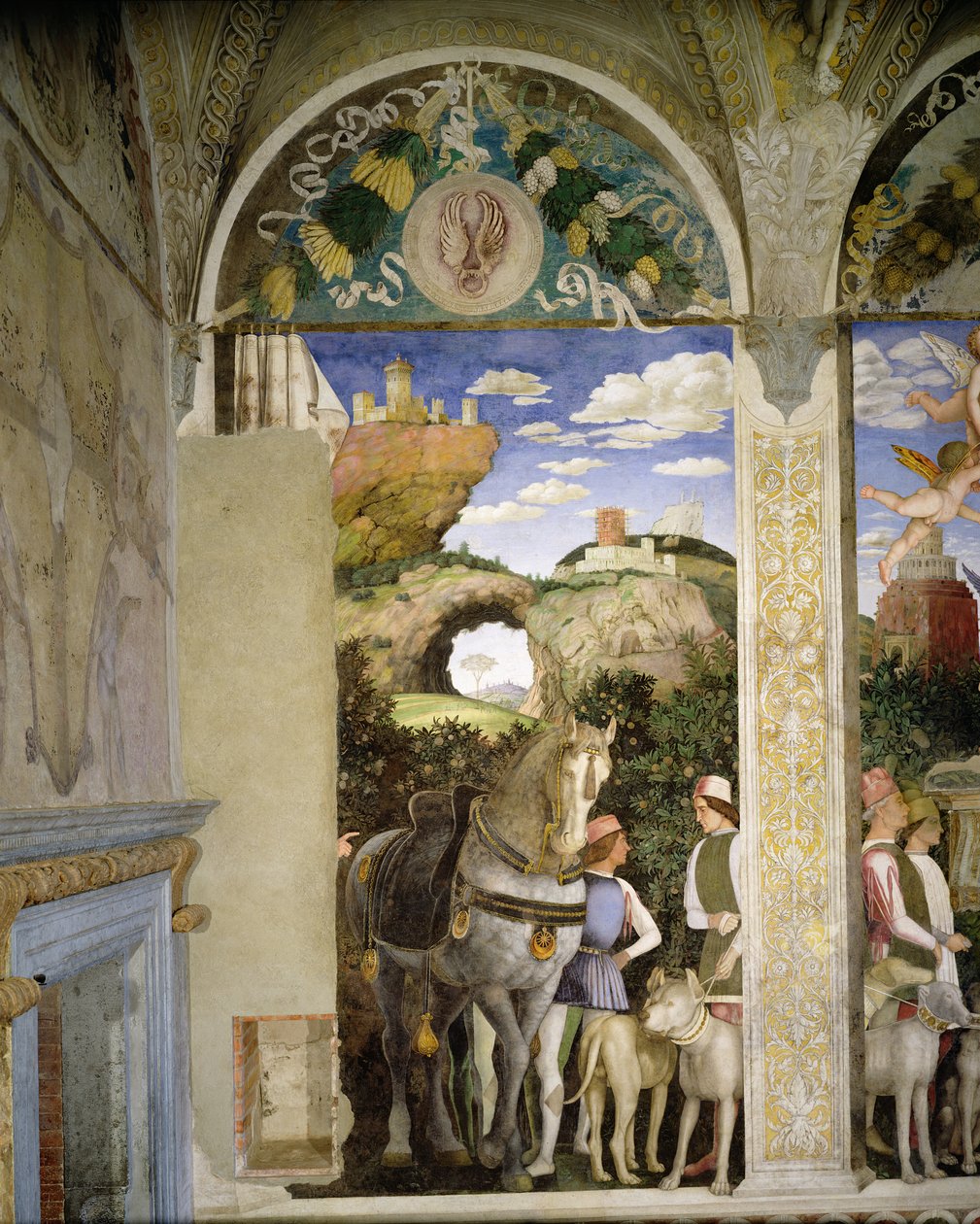 Koń i stajenny z psami myśliwskimi, z Camera degli Sposi lub Camera Picta, 1465-74 (detal 78449) autorstwa Andrea Mantegna