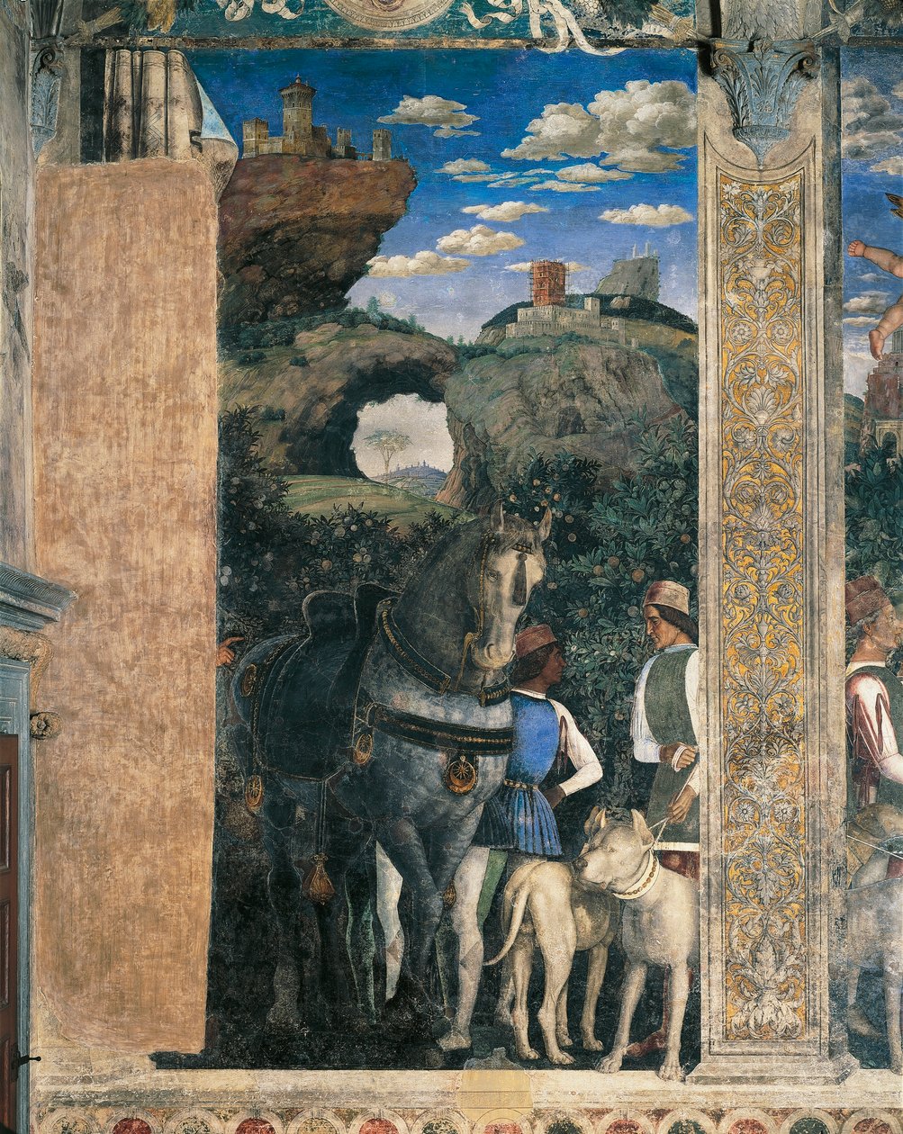 Koń, mastify i stajenni hrabiego Ludovico Gonzagi, fragment ze Ściany Spotkań, Andrea Mantegna (1431-1606), fresk, Zamek San Giorgio, Sala Ślubna lub Camera Picta, Mantua, 1465-1474 autorstwa Andrea Mantegna