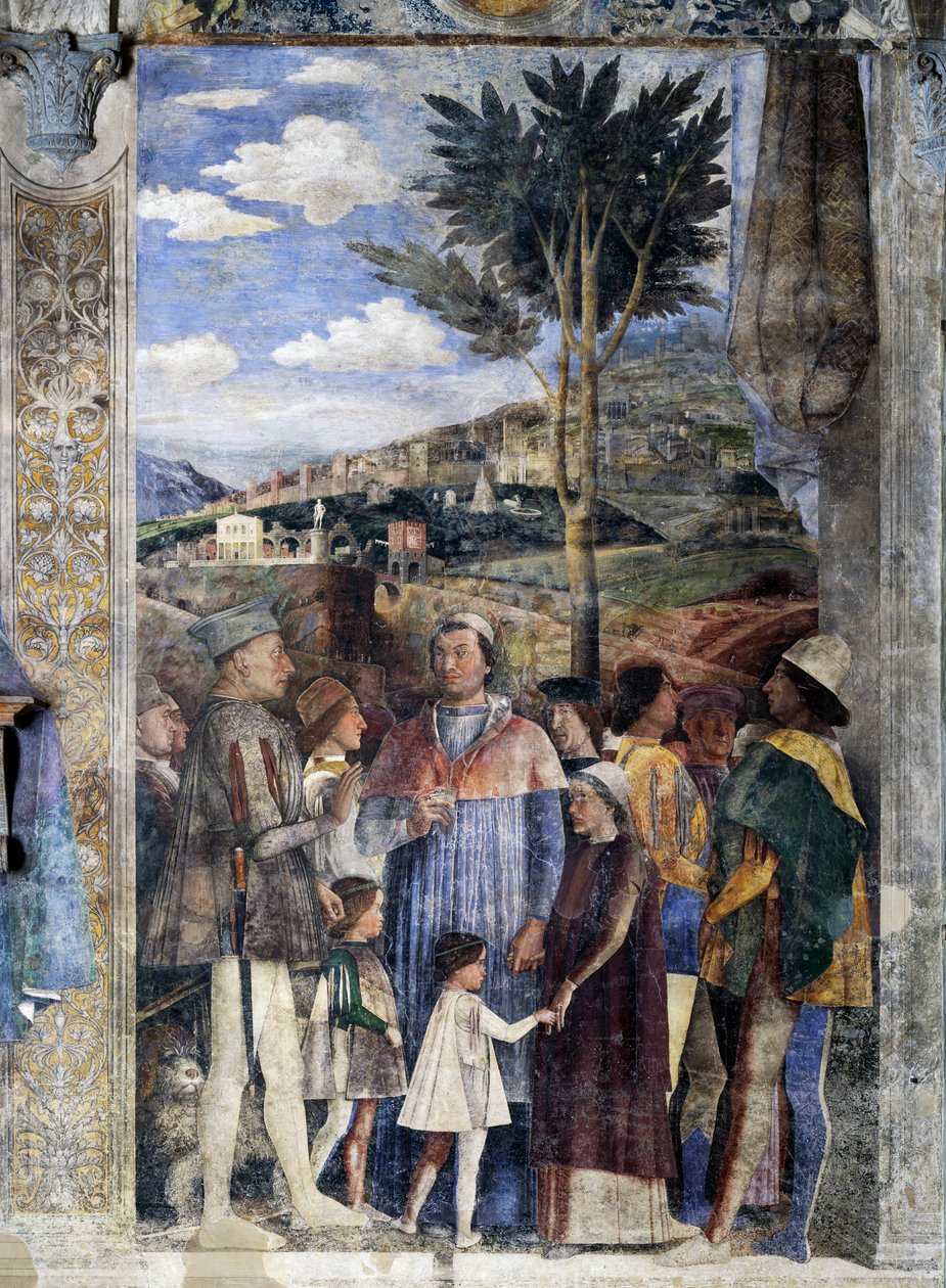 L. Gonzaga, jego synowie Kardynał Francesco Gonzaga, Federico I Gonzaga, Francesco, Sigismondo, po prawej stronie, Cesarz Rzymski Fryderyk III, Christian I z Danii, Ściana spotkań, detal (fresk) autorstwa Andrea Mantegna