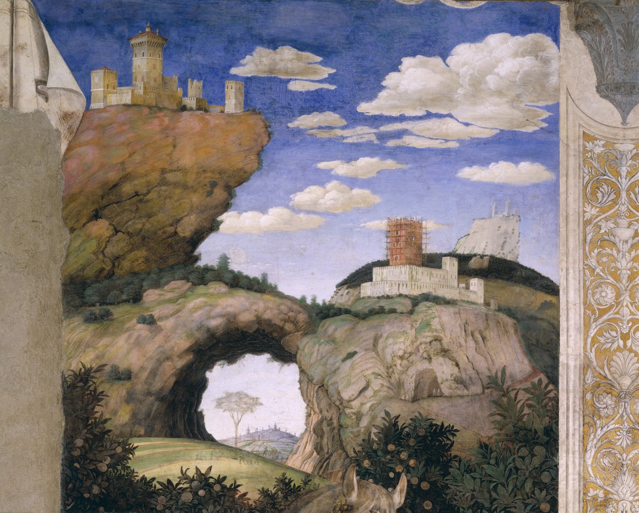Krajobraz z zamkiem, z Camera degli Sposi lub Camera Picta, 1465-74 (fresk) autorstwa Andrea Mantegna