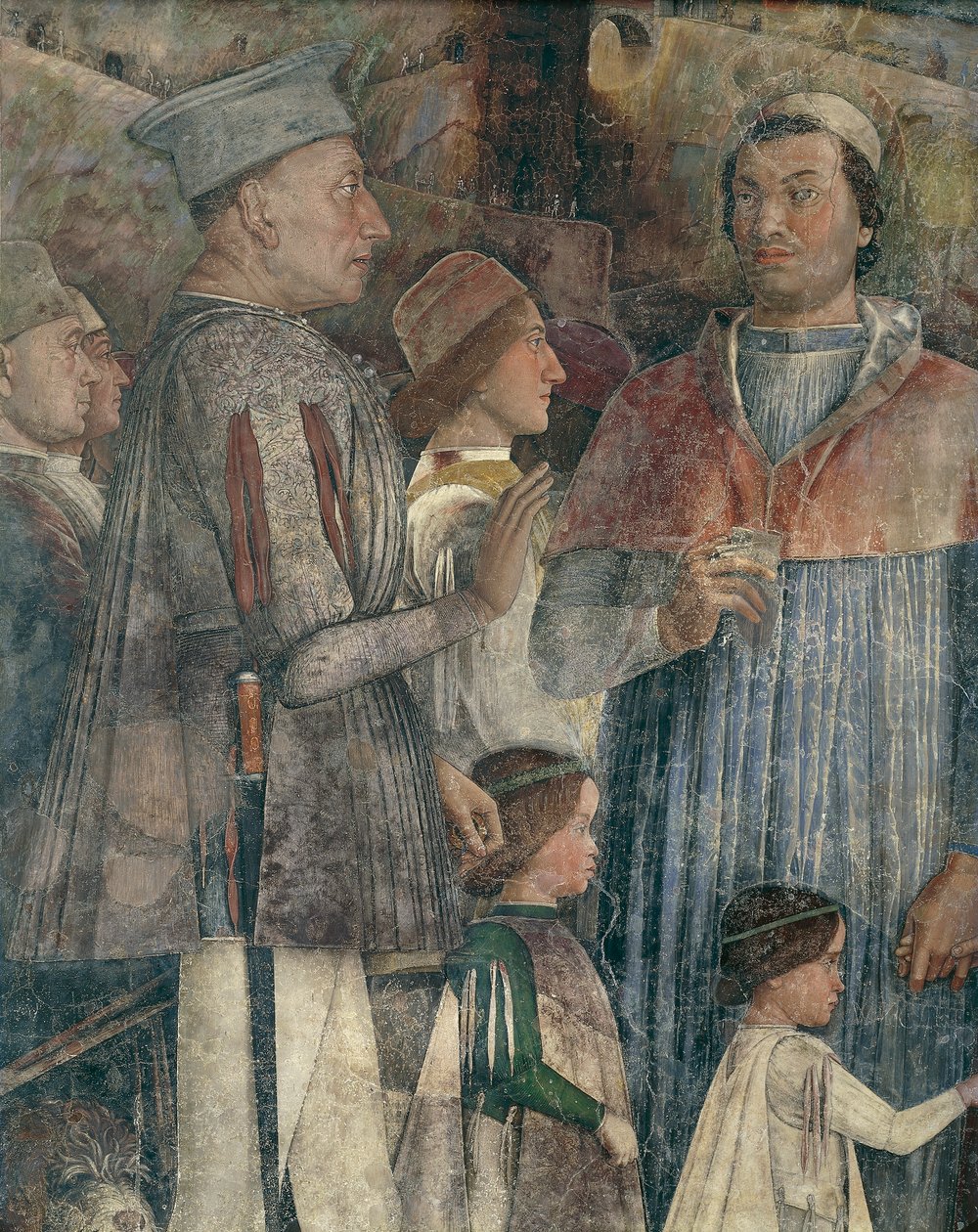 Ludwik II, kardynał Francesco, Francesco II i Sigismondo Gonzaga, fragment ze ściany spotkań autorstwa Andrea Mantegna