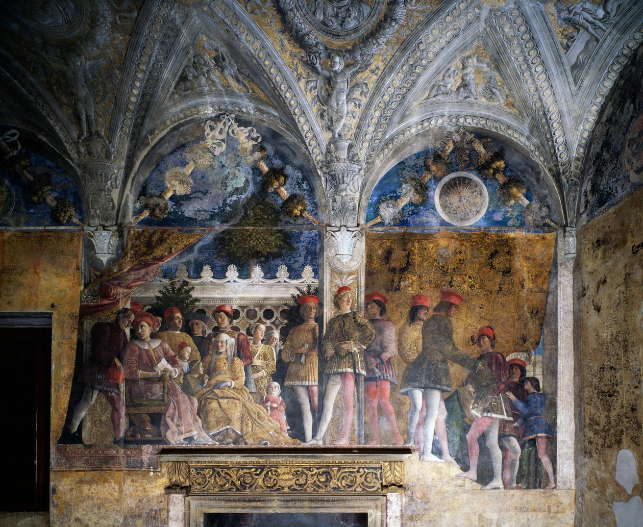 Ludovico Gonzaga, Marsilio Andreasi, Barbara Brandenburska z córką Paulą i Rodolfo Gonzagami autorstwa Andrea Mantegna