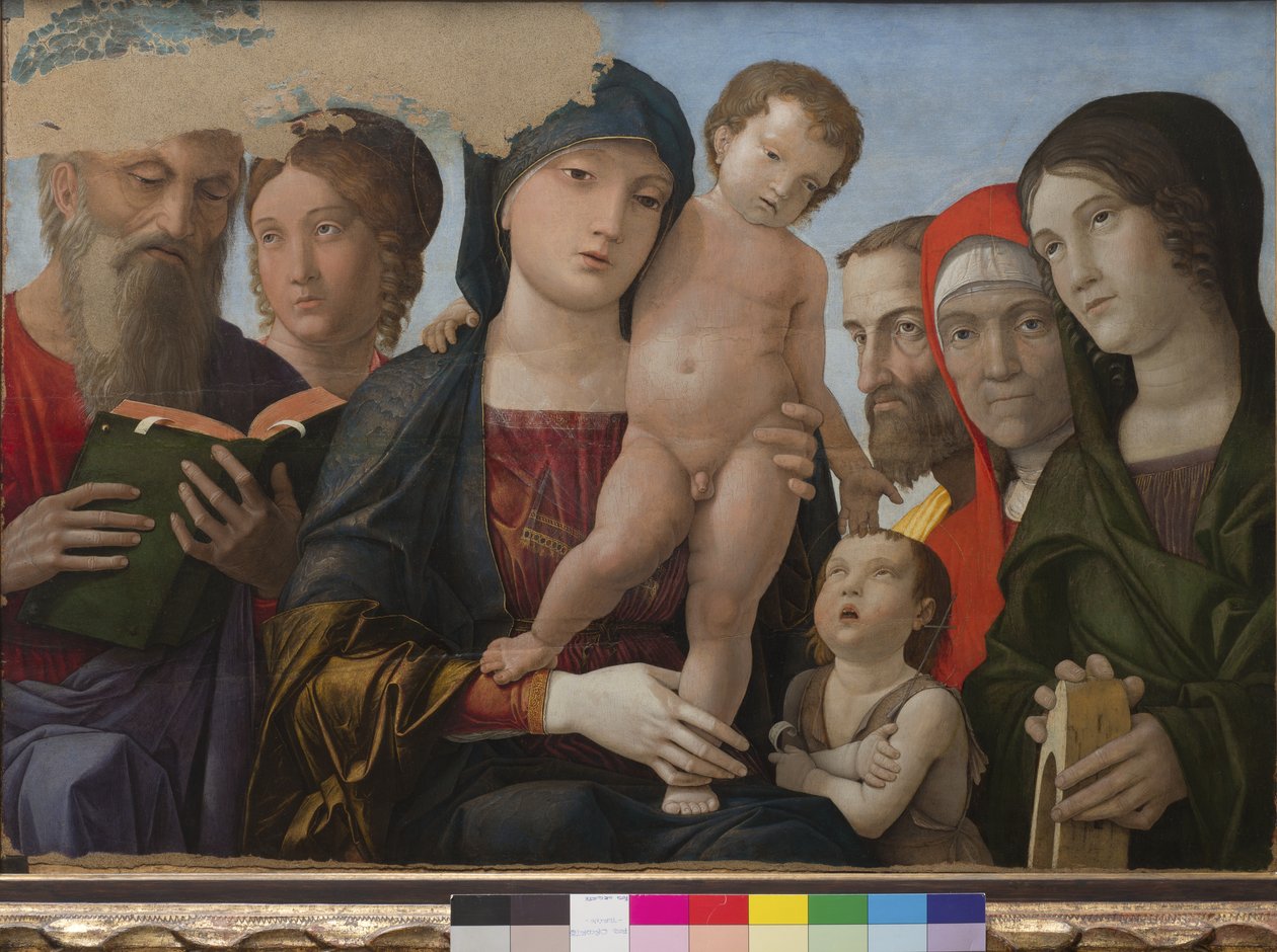 Madonna z Dzieciątkiem, św. Jan, św. Katarzyna Aleksandryjska i inni święci, 1480-88 autorstwa Andrea Mantegna