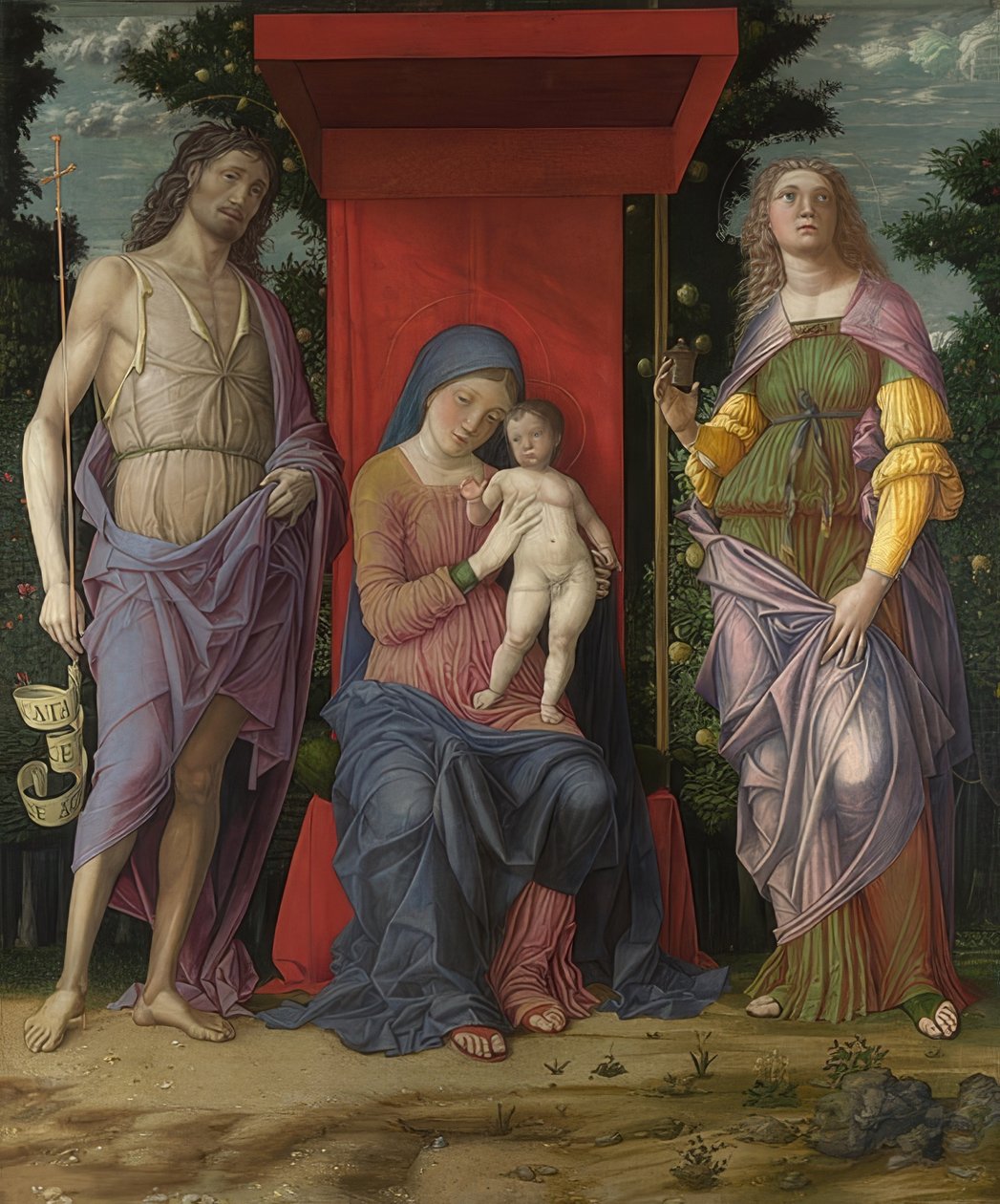 Madonna z Dzieciątkiem, Jan Chrzciciel i Maria Magdalena. Prawdopodobnie 1490-1505 autorstwa Andrea Mantegna