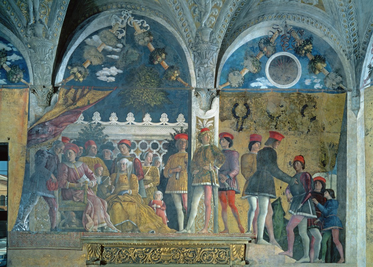 Marchese Ludovico Gonzaga III, jego żona Barbara z Brandenburgii, ich dzieci, dworzanie i ich pies Rubino, z Camera degli Sposi lub Camera Picta, 1465-74 autorstwa Andrea Mantegna
