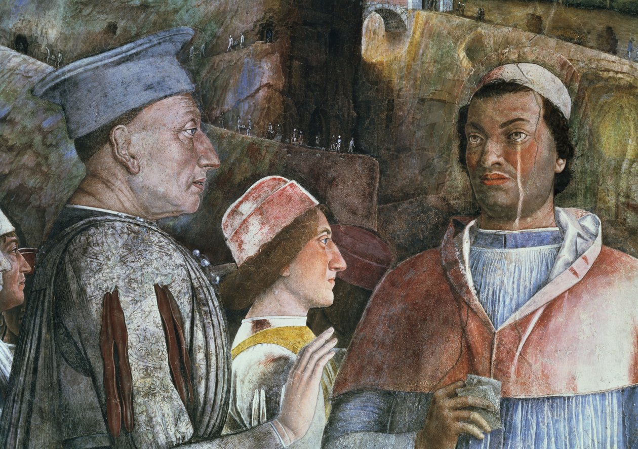 Marchese Ludovico Gonzaga III of Mantua reign 1444-78 greeting his son Cardinal Francesco Gonzaga, from the Camera degli Sposi or Camera Picta, 1465-74 fresco detail of 78449 autorstwa Andrea Mantegna