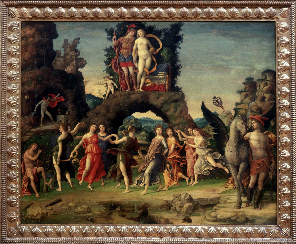 Mars i Wenus lub Parnas. Obraz przedstawiający Marsa i Wenus na skale, Pegazę i Merkurego, Apolla i dziewięć muz Kaliope (poezja epicka), Clio (historia), Erato (sztuka liryczna), Euterpe (muzyka), Melpomena (tragedia), Polymnie (retoryka), Terpsychor autorstwa Andrea Mantegna