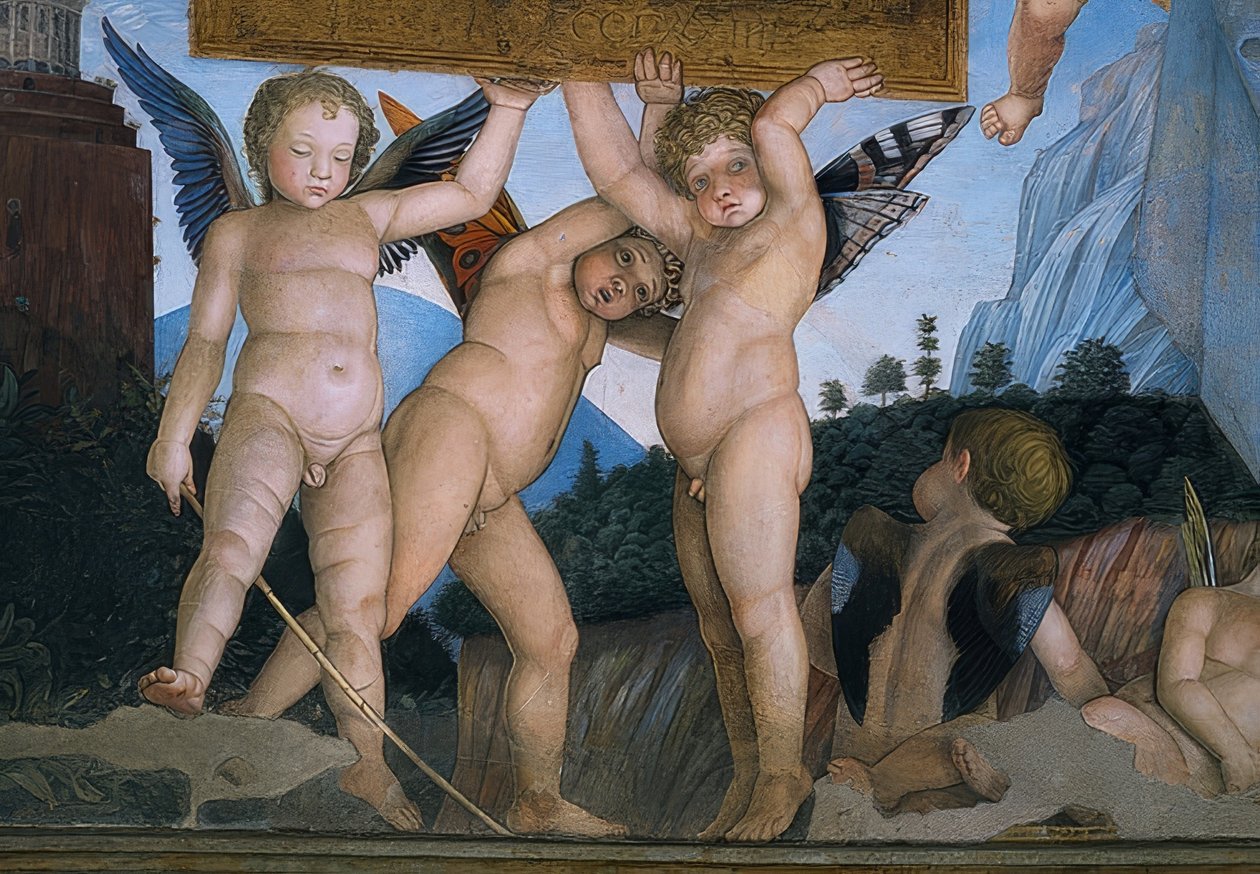 Putti z motylowymi skrzydłami trzymające tabliczkę z dedykacją (detal). 1465-74 autorstwa Andrea Mantegna