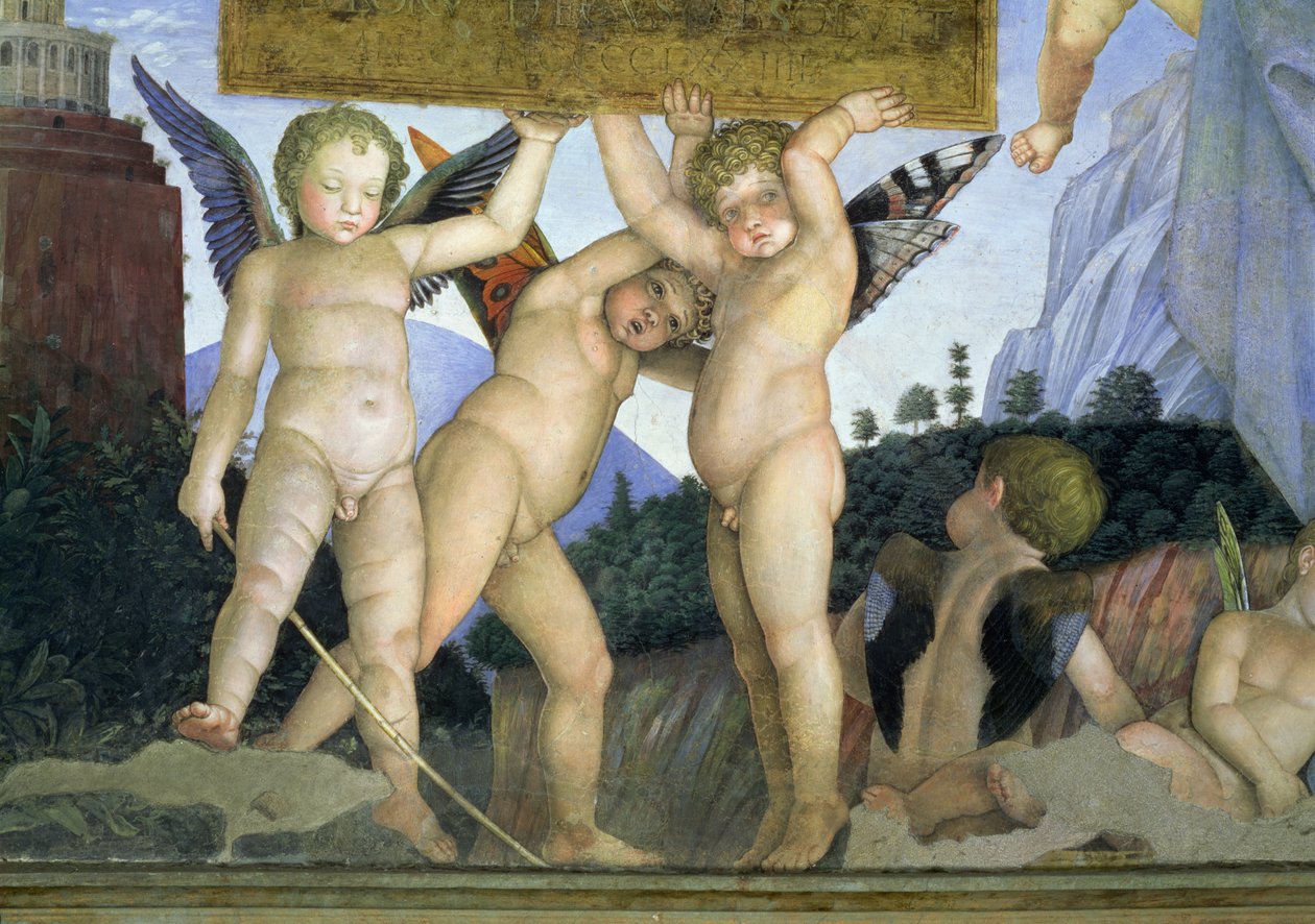 Putti ze skrzydłami motyla podtrzymujące tablicę dedykacyjną, z Camera degli Sposi lub Camera Picta, 1465-74, fresk 78449 autorstwa Andrea Mantegna