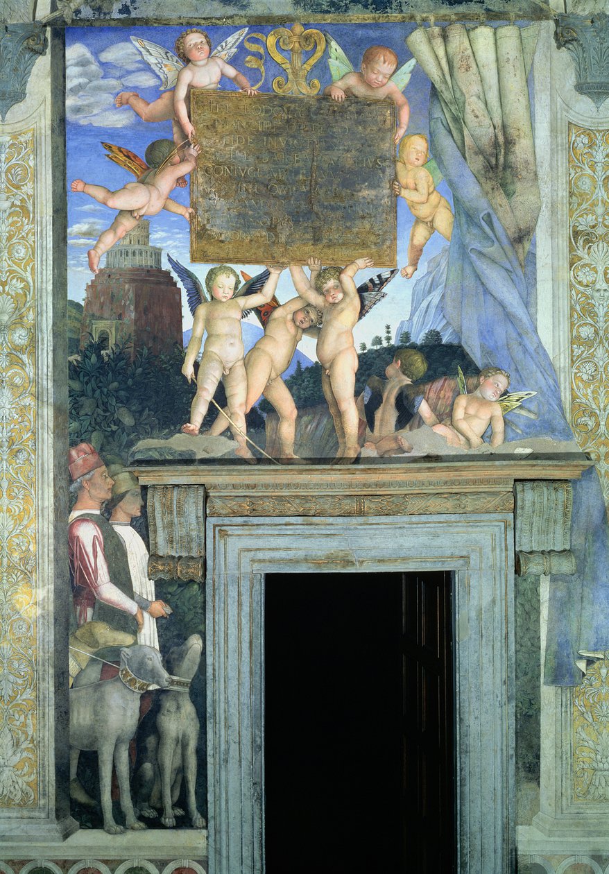 Putti ze skrzydłami motyla podtrzymującymi tablicę dedykacyjną z psami myśliwskimi i ich przewodnikami poniżej, z Camera degli Sposi lub Camera Picta, 1465-74 fresk z 78449 autorstwa Andrea Mantegna