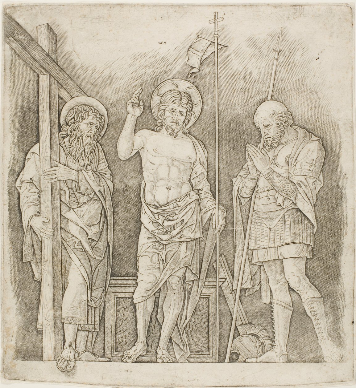 Zmartwychwstały Chrystus między świętymi Andrzejem i Longinusem autorstwa Andrea Mantegna