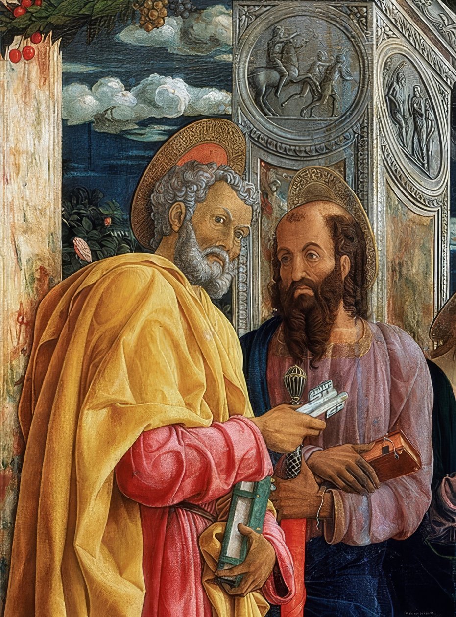 Ołtarz San Zeno. Detal po lewej stronie. 1457-1460. Na zdjęciu Szymon Piotr i Paweł z Tarsu autorstwa Andrea Mantegna