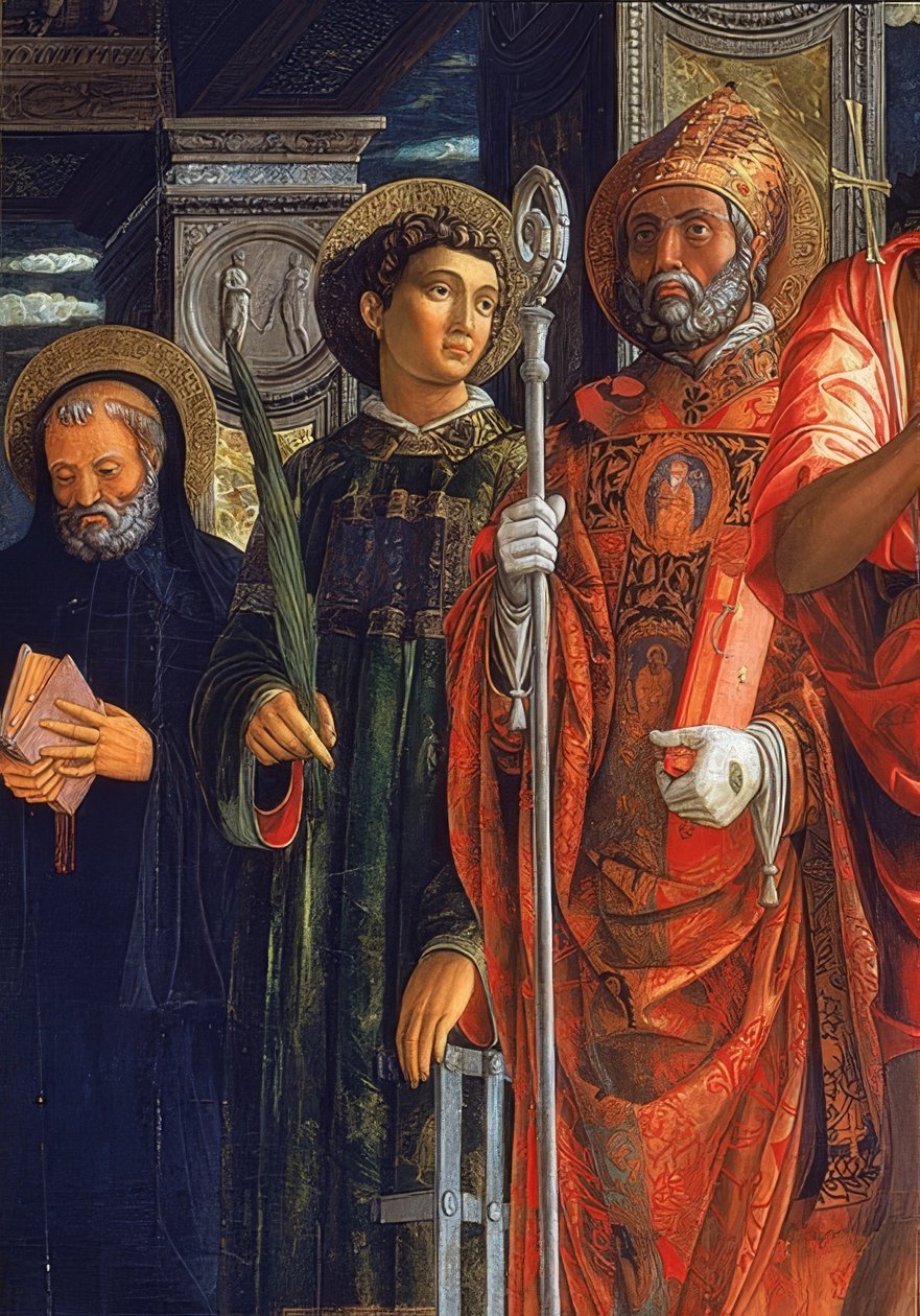 Ołtarz San Zeno. Szczegół po prawej stronie. 1457-1460. Detal przedstawia Augustyna z Hippony, Wawrzyńca Rzymskiego i Benedykta z Nursji autorstwa Andrea Mantegna
