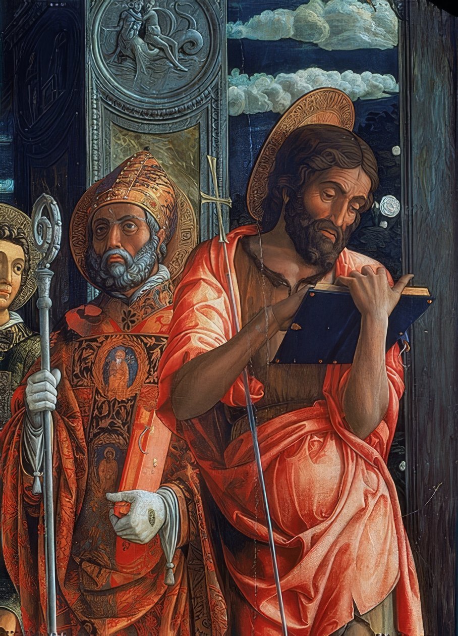 Ołtarz San Zeno. Szczegół prawej strony. 1457-1460. Detal przedstawia Jana Chrzciciela i Augustyna z Hippony. autorstwa Andrea Mantegna