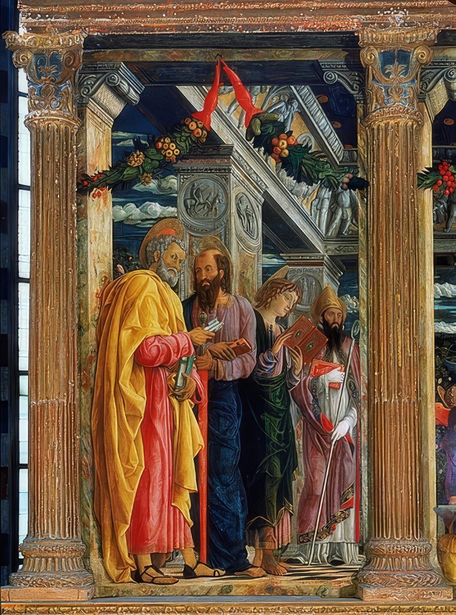 Ołtarz San Zeno. Lewa strona. 1457-1460. Na zdjęciu Szymon Piotr, Paweł z Tarsu, Jan Ewangelista i Zenon z Werony autorstwa Andrea Mantegna