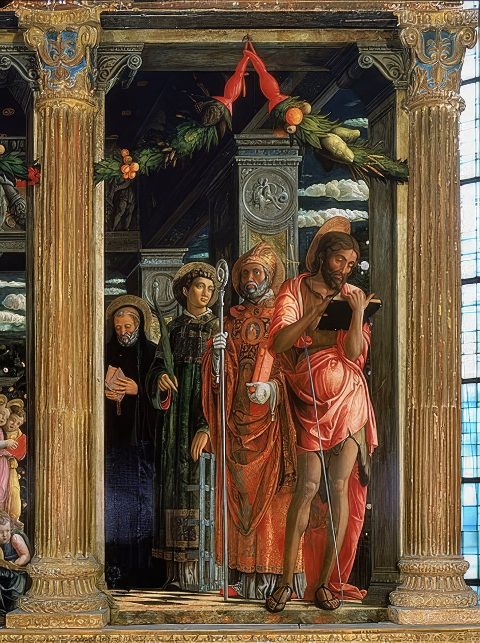 Ołtarz San Zeno. Prawa strona. 1457-1460. Detal przedstawia Jana Chrzciciela, Wawrzyńca Rzymskiego, Augustyna z Hippony i Benedykta z Nursji autorstwa Andrea Mantegna