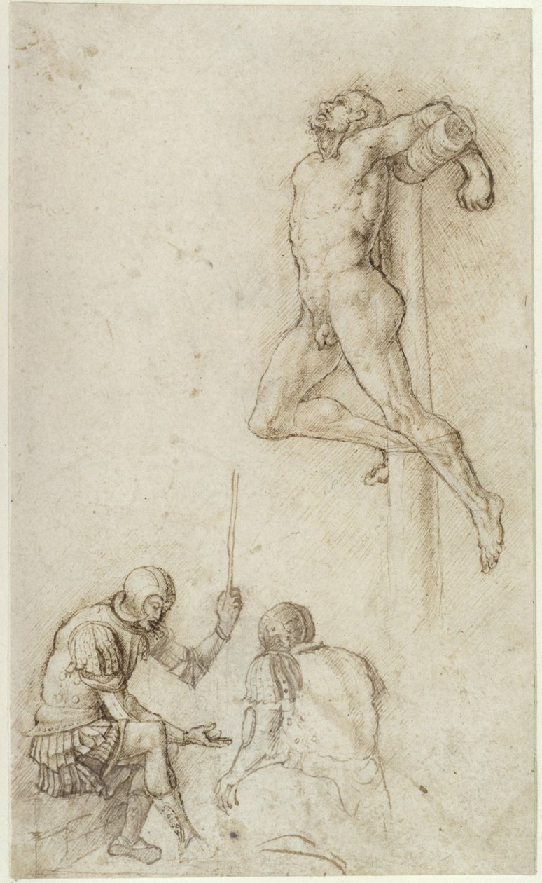 Złoczyńcy na krzyżu, poniżej dwóch żołnierzy grających w kości autorstwa Andrea Mantegna