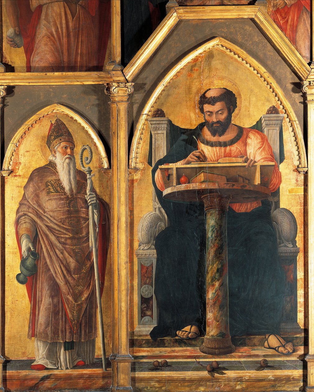 Św. Łukasz przy biurku i Św. Prosdocimus, fragment z Ołtarza Św. Łukasza Andrei Mantegny (1431-1506), tempera na drewnie autorstwa Andrea Mantegna