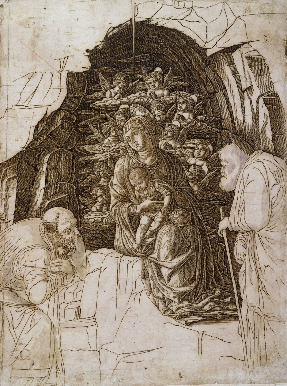 Adoracja Trzech Króli: Dziewica w Grocie, ok. 1475-80 autorstwa Andrea Mantegna